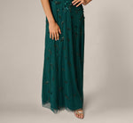 One Shoulder Draped Floral Beaded Gown In Gem Green 4