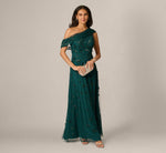One Shoulder Draped Floral Beaded Gown In Gem Green 1