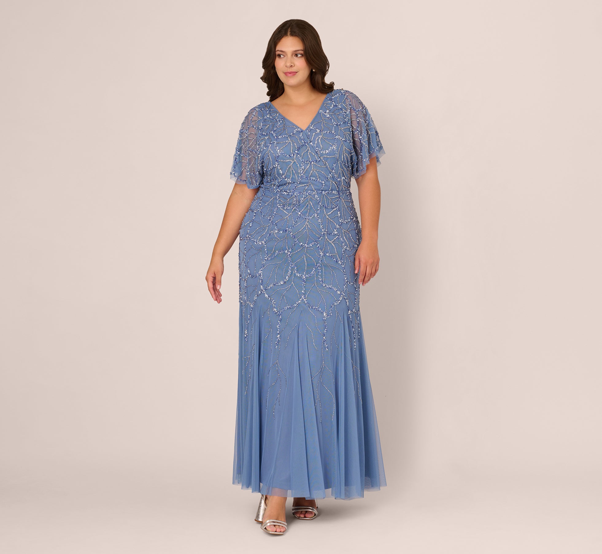 French Blue Plus Size Flutter Sleeve Surplice Beaded Gown