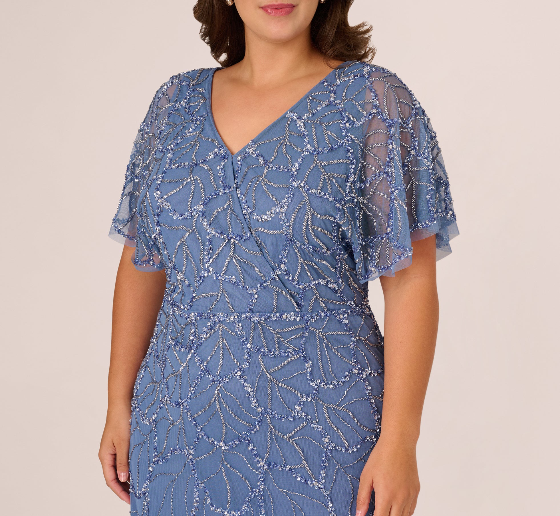 plus size beaded flutter sleeve dress Anpoket Elegant Plus Size Coffee Brown Floral Lace Beaded Flutter Sleeve A-Line Maxi Dress For Women Summer Party, Prom, Date Night & Festival Wedding