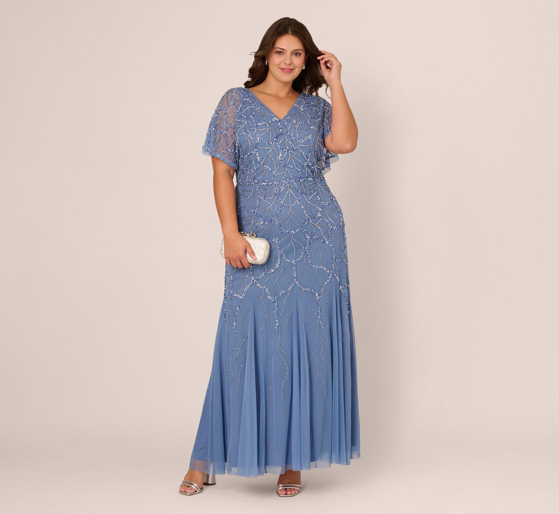 Plus Size Flutter Sleeve Surplice Beaded Gown In French Blue 1