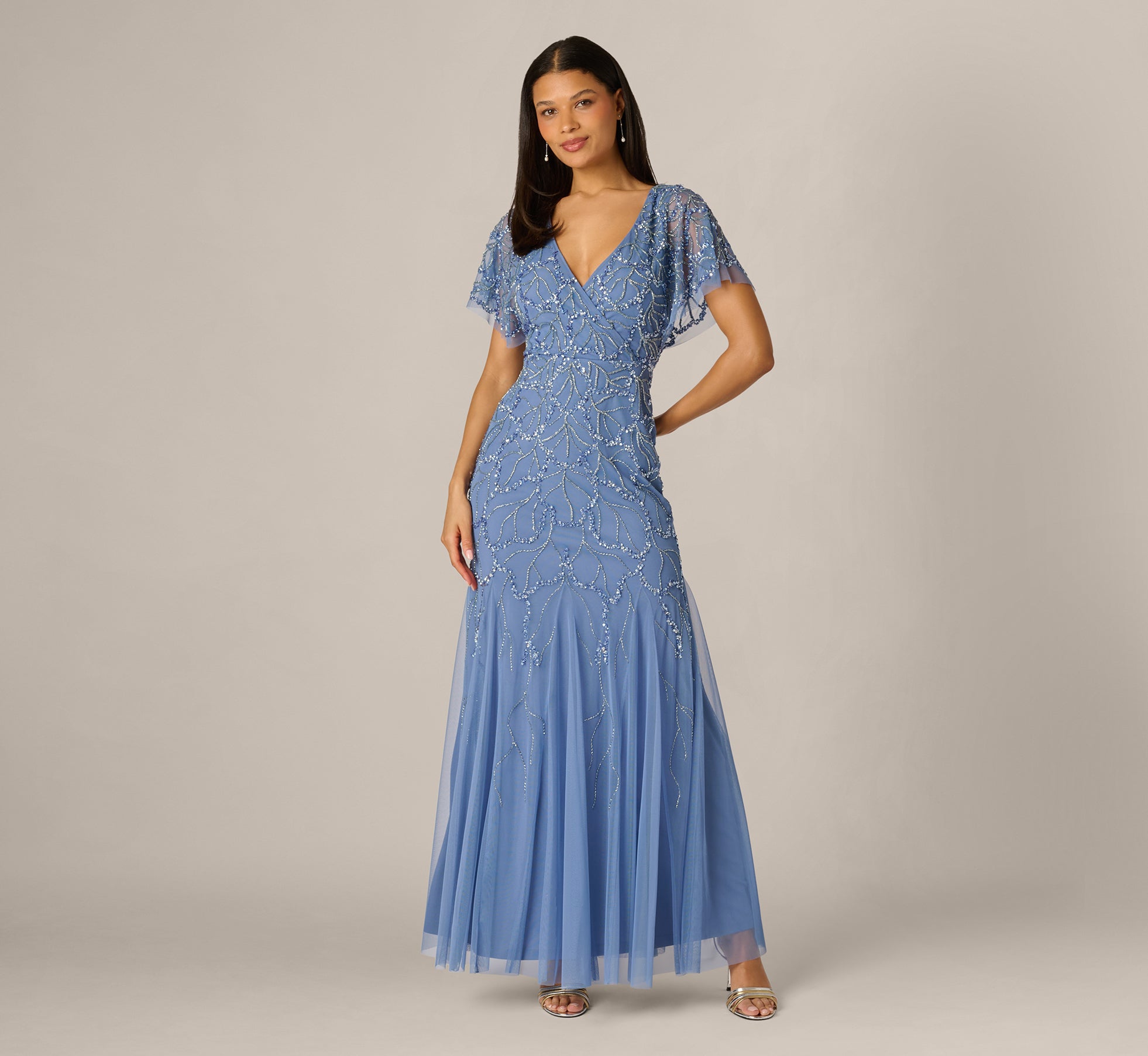 Blue Flutter Sleeve Surplice Beaded Gown