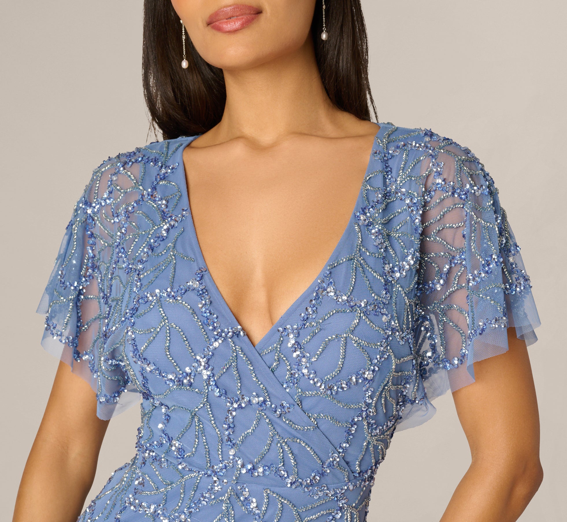Blue Flutter Sleeve Surplice Beaded Gown - Adrianna Papell