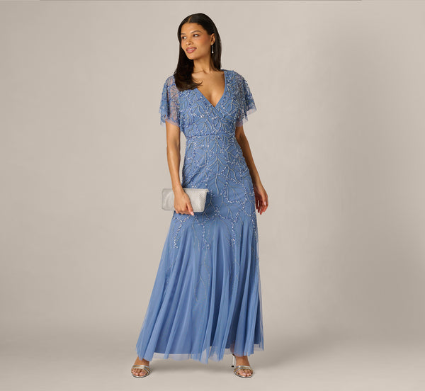 adrianna papell women's bead flutter-sleeve midi mesh dress Ball Gown - French Blue Size:M (8-12) Effortless yet elevated __CAT4:Mini dresses Blue Fitted Dresses &
