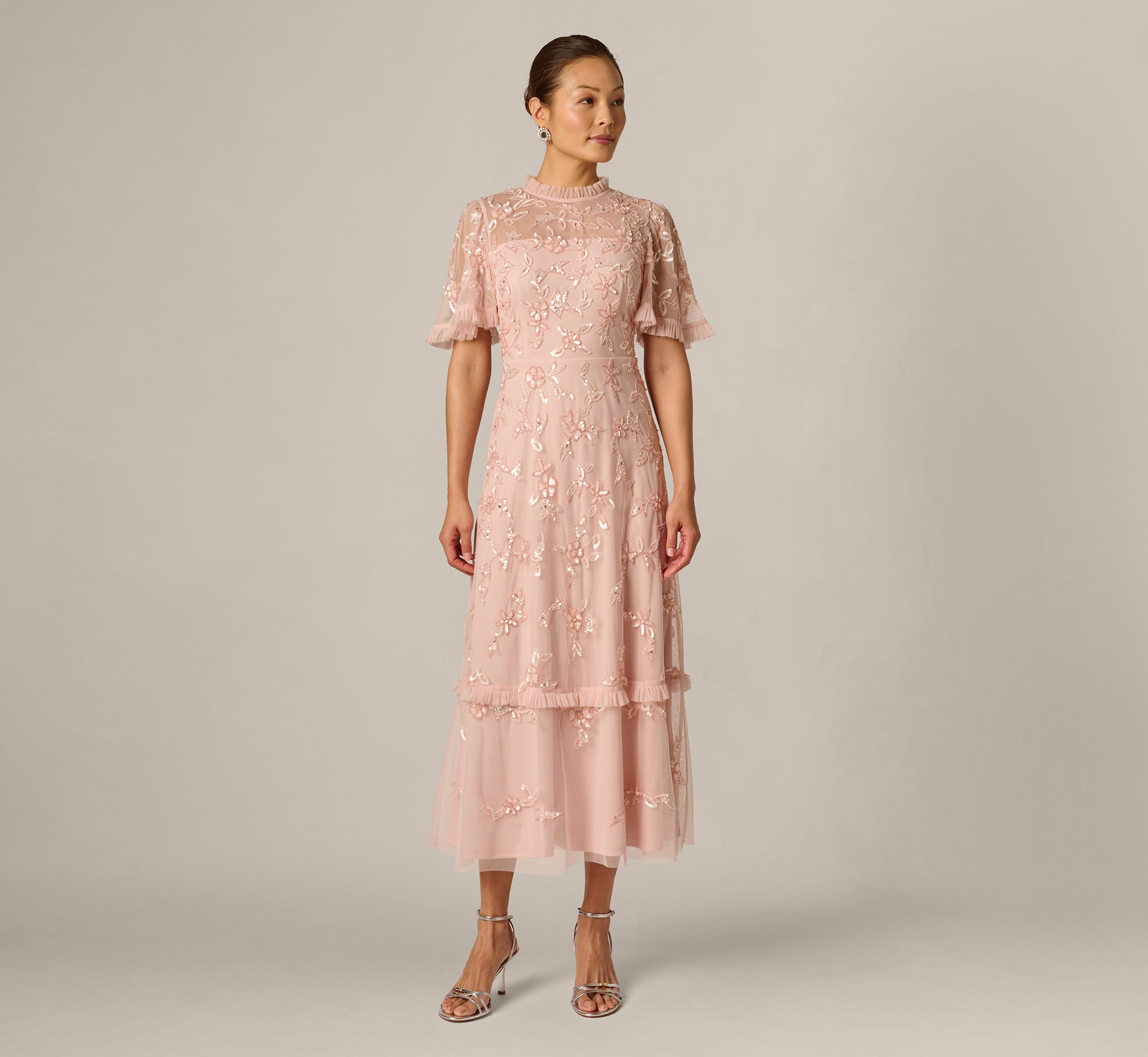 Flutter Sleeve Ruffle Floral Beaded Midi Dress In Blush Whisper Flutter Sleeve Ruffle Floral Beaded Midi Dress In Blush Whisper