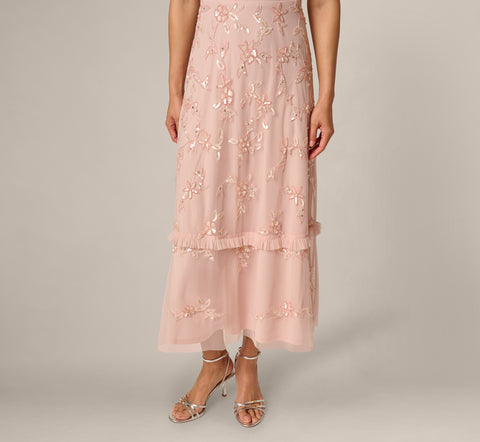 Blush Flutter Sleeve Ruffle Floral Beaded Midi Dress
