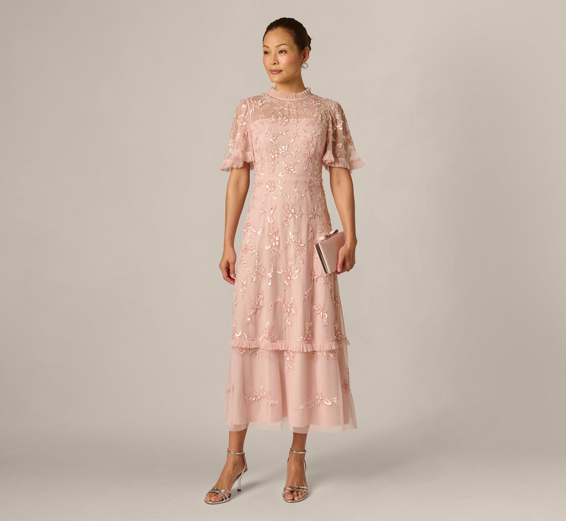Flutter Sleeve Ruffle Floral Beaded Midi Dress In Blush Whisper 1