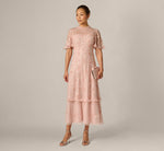 Flutter Sleeve Ruffle Floral Beaded Midi Dress In Blush Whisper 1