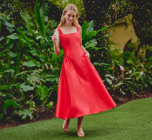 Drop Waist Fit And Flare Mikado Midi Dress In Persimmon - Adrianna