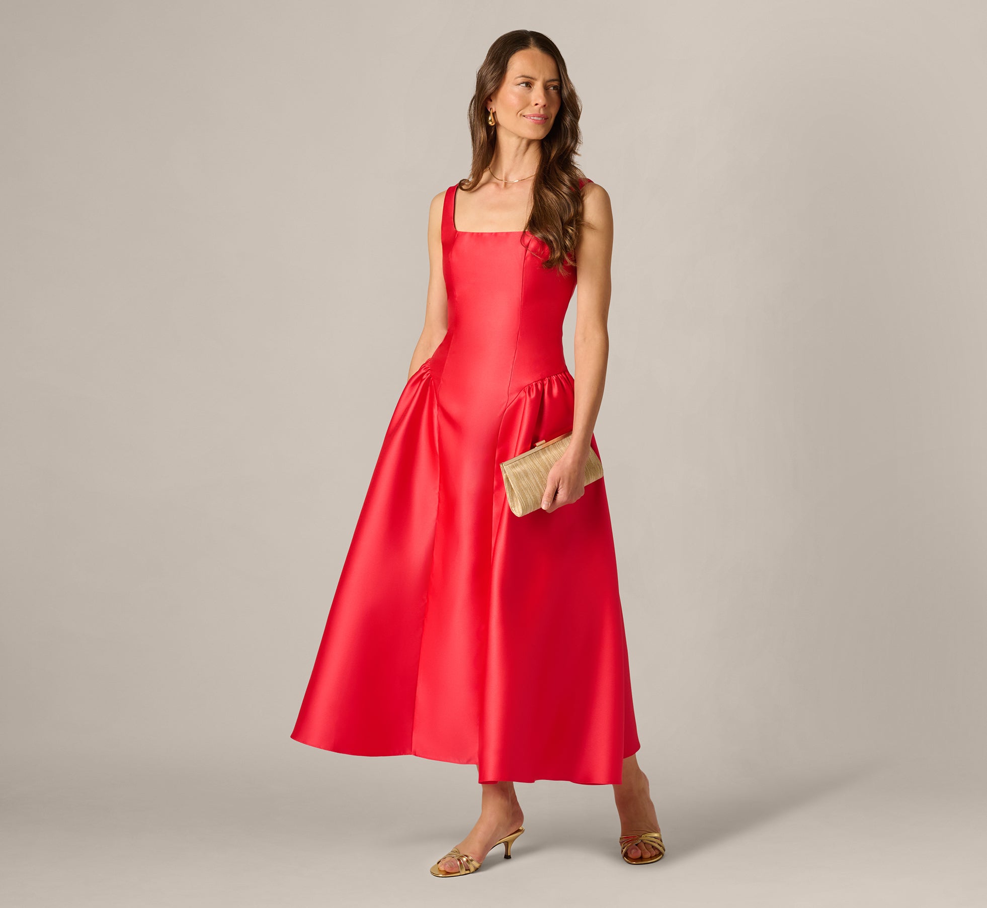 Drop Waist Fit And Flare Mikado Midi Dress In Persimmon 1