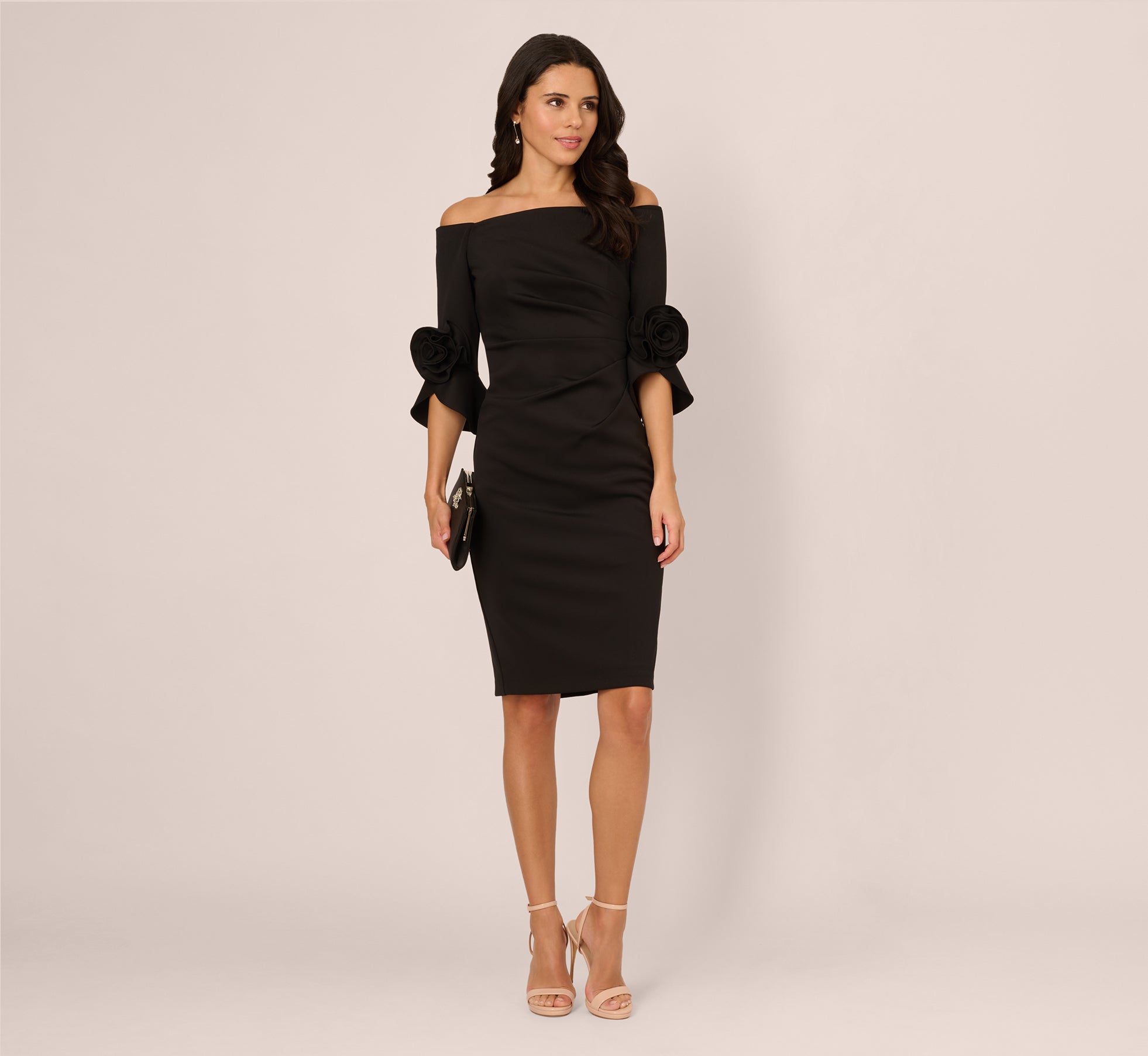 Off Shoulder Three Quarter Rosette Sleeve Cocktail Dress In Black 1