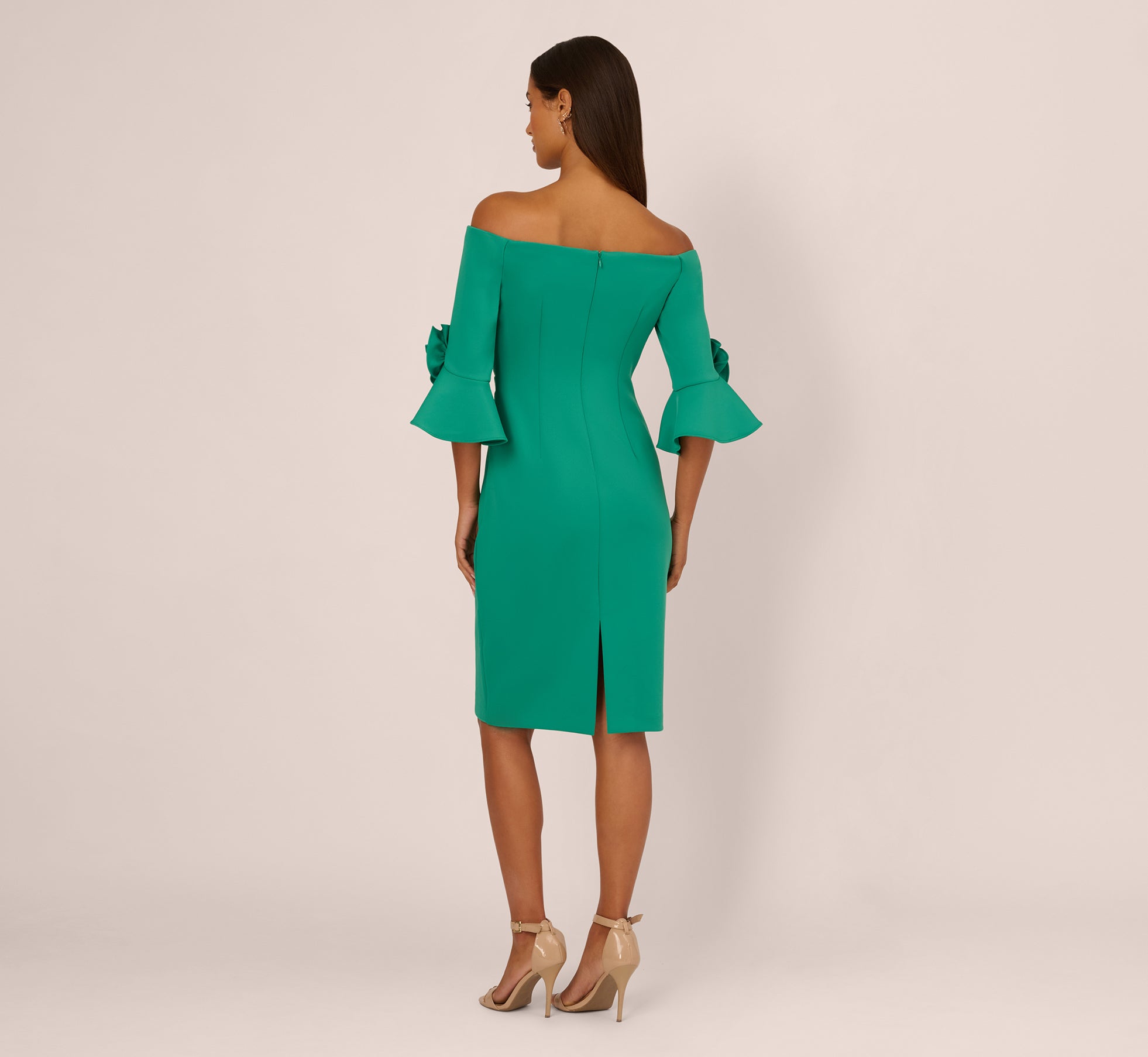 Emerald Off Shoulder Three Quarter Rosette Sleeve Cocktail Dress - Adrianna Papell Emerald Off Shoulder Three Quarter Rosette Sleeve Cocktail Dress - Adrianna Papell