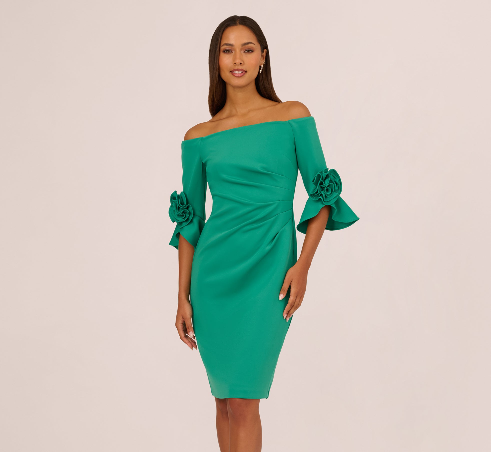 off the shoulder cocktail dresses with sleeves Dark Green Three Quarter Rosette Sleeve Dress pstuiky Womens Dresses, Women 95% Polyester eliz Size:55