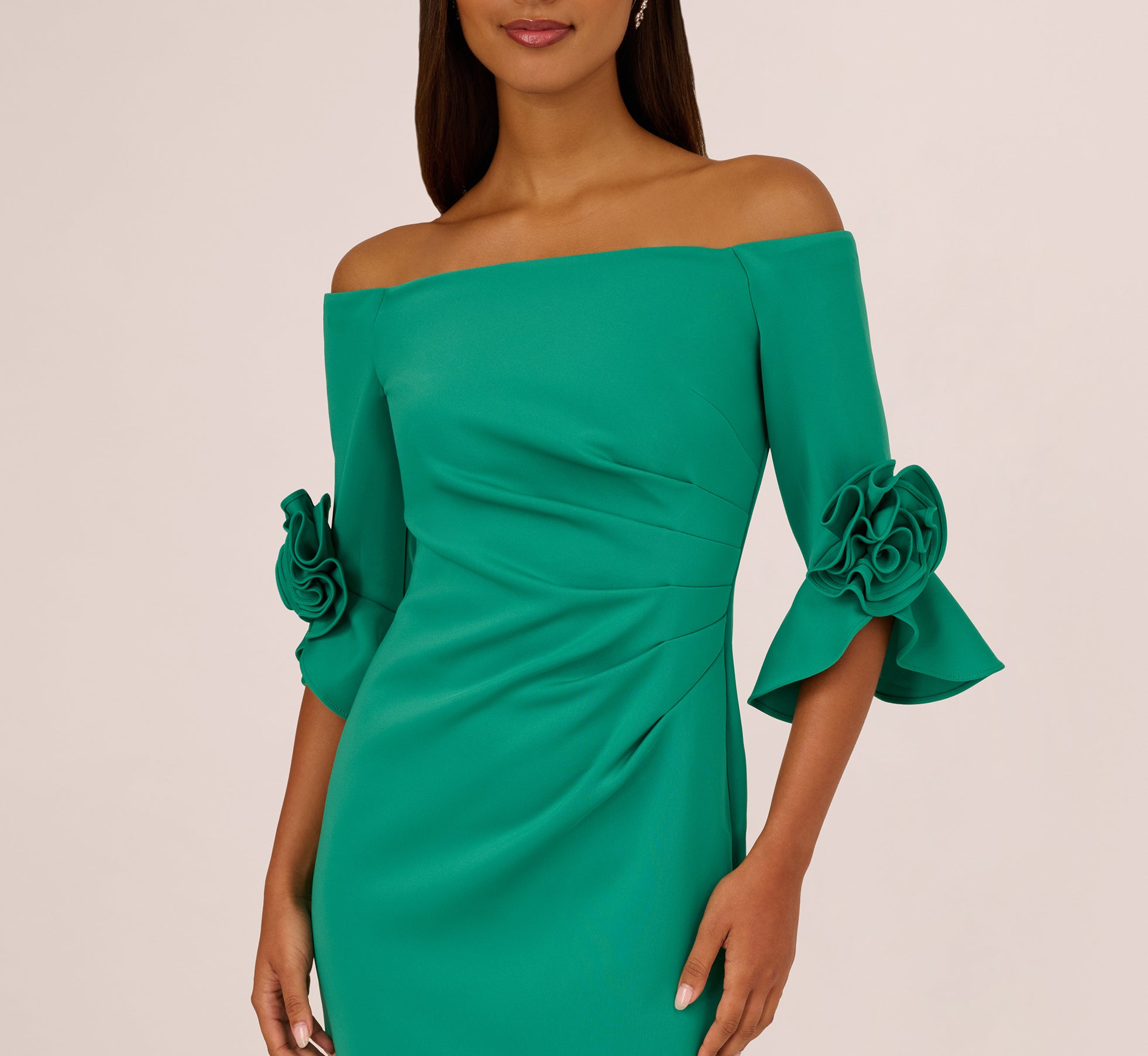 Dark Green Off Shoulder Three Quarter Rosette Sleeve Cocktail Dress - Adrianna Papell Dark Green Off Shoulder Three Quarter Rosette Sleeve Cocktail Dress - Adrianna Papell