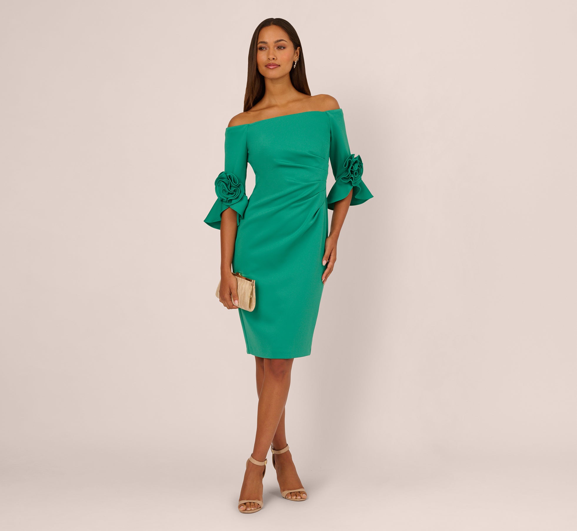 Dark Green Off Shoulder Three Quarter Rosette Sleeve Cocktail Dress - Adrianna Papell Dark Green Off Shoulder Three Quarter Rosette Sleeve Cocktail Dress - Adrianna Papell