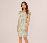 Short Sleeve Floral Beaded Square Neck Cocktail Dress In Icy Sage 2