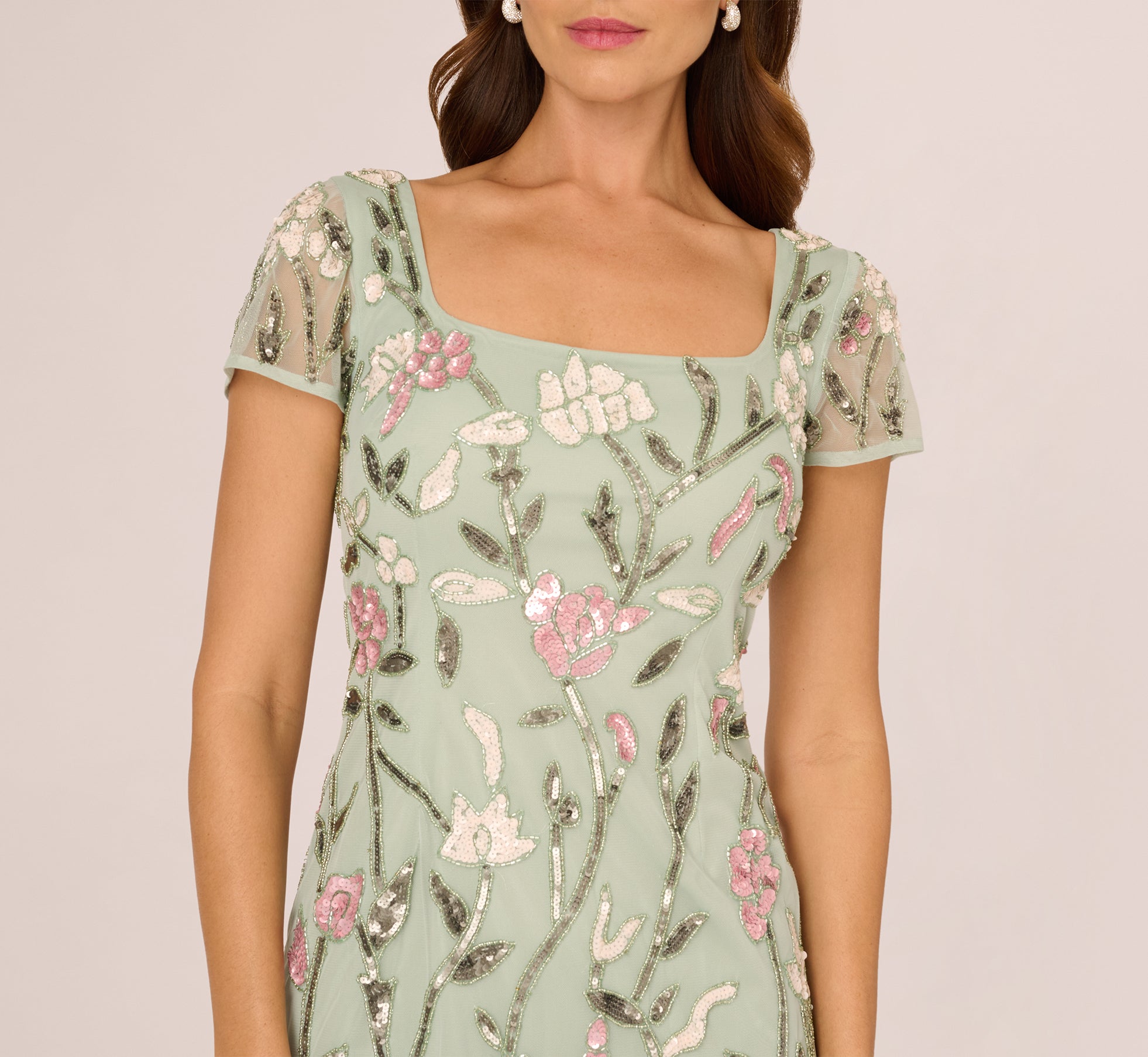 knee length dresses for ladies Icy Sage Short Sleeve Floral Beaded Square Neck Cocktail Dress