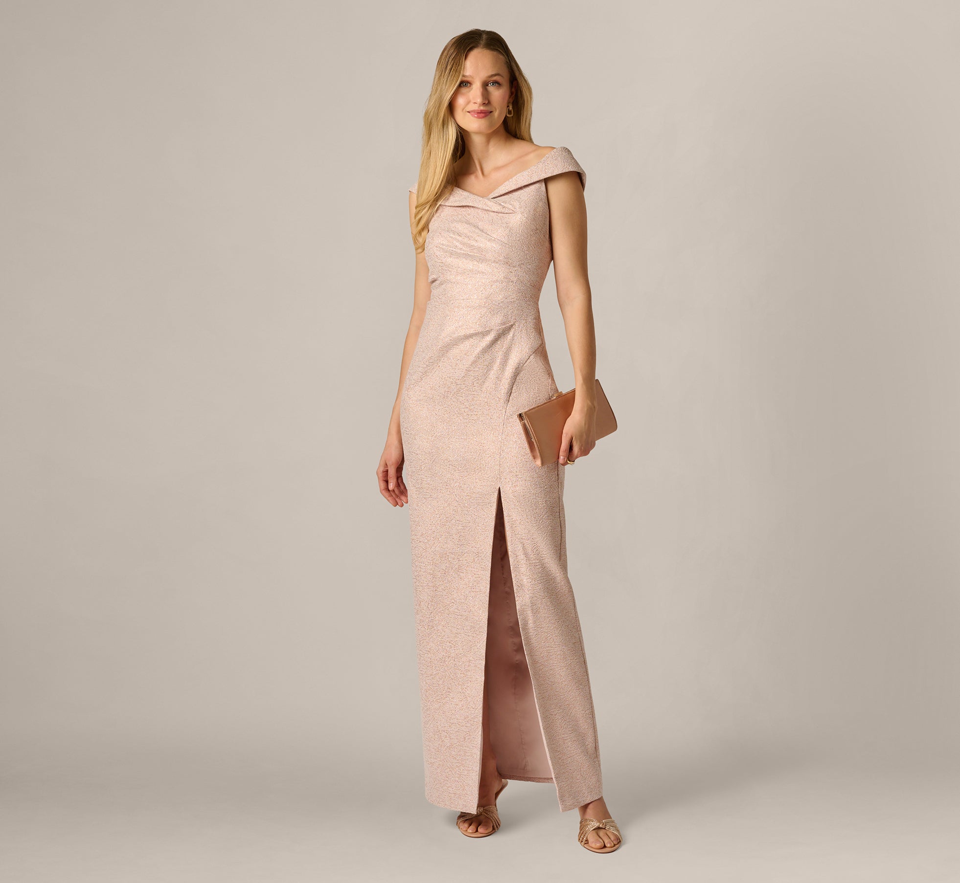 Blush Off Shoulder Draped Stretch Jacquard Gown - Adrianna Papell