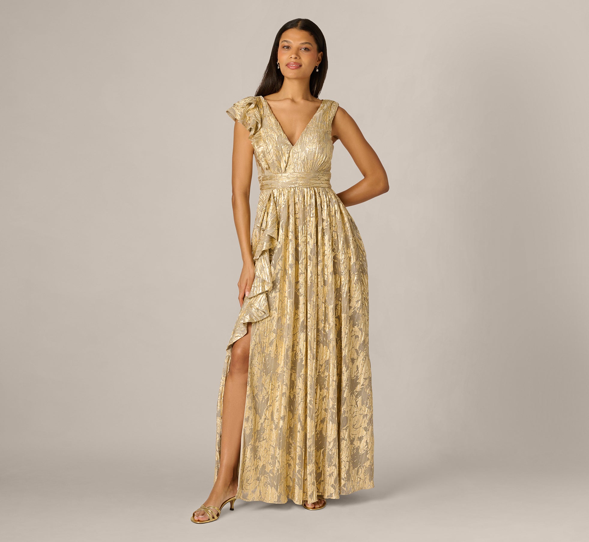 Adrianna Papell Metallic Ruffled Dress - Champagne/ Gold Adrianna Papell Metallic Ruffled Dress - Champagne/ Gold