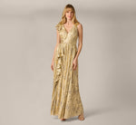 Sleeveless Metallic Crinkle Ruffle Gown In Champagne Gold 2
