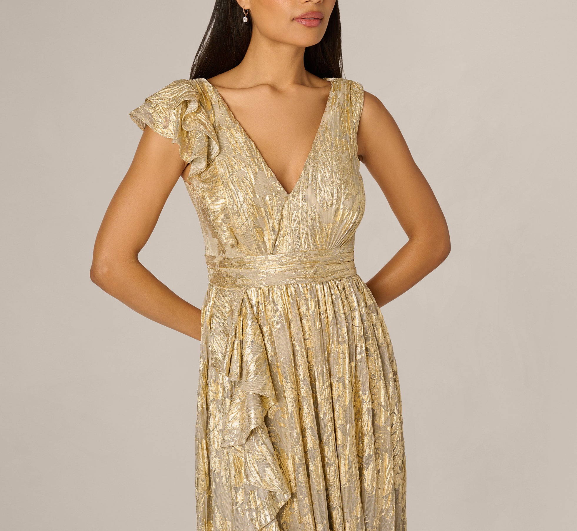 Champagne Gold Sleeveless Metallic Crinkle Ruffle Gown