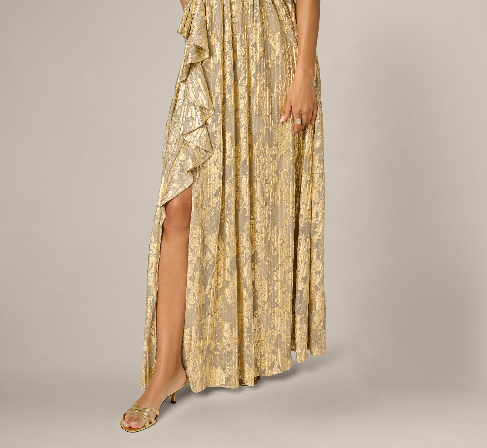 Gold Sleeveless Metallic Crinkle Ruffle Gown Gold Sleeveless Metallic Crinkle Ruffle Gown