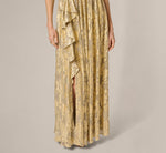 Sleeveless Metallic Crinkle Ruffle Gown In Champagne Gold 4