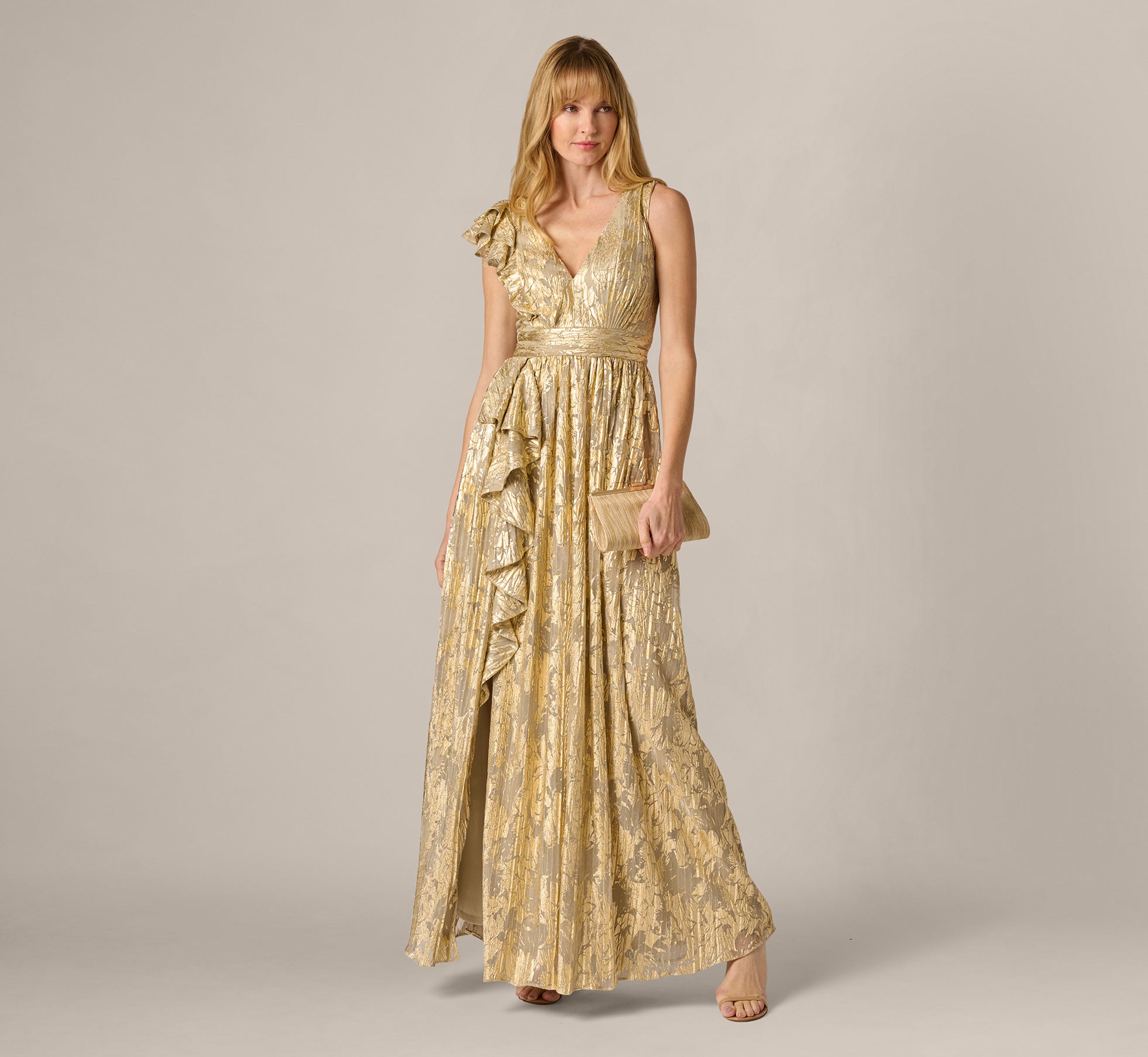 Sleeveless Metallic Crinkle Ruffle Gown In Champagne Gold 1