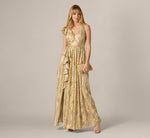 Sleeveless Metallic Crinkle Ruffle Gown In Champagne Gold 1