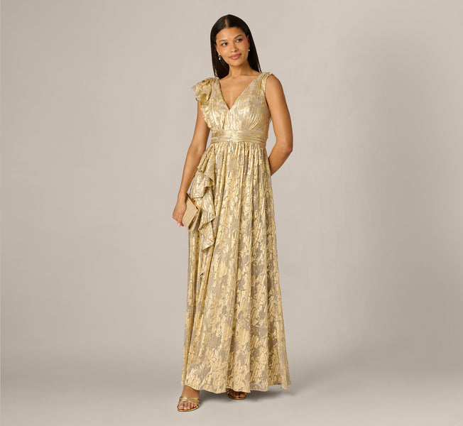 Adrianna Papell Sleeveless Metallic Crinkle Ruffle Gown - Champagne/Gold