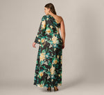 Plus Size One Shoulder Long Sleeve Floral Satin Gown In Black Multi 5