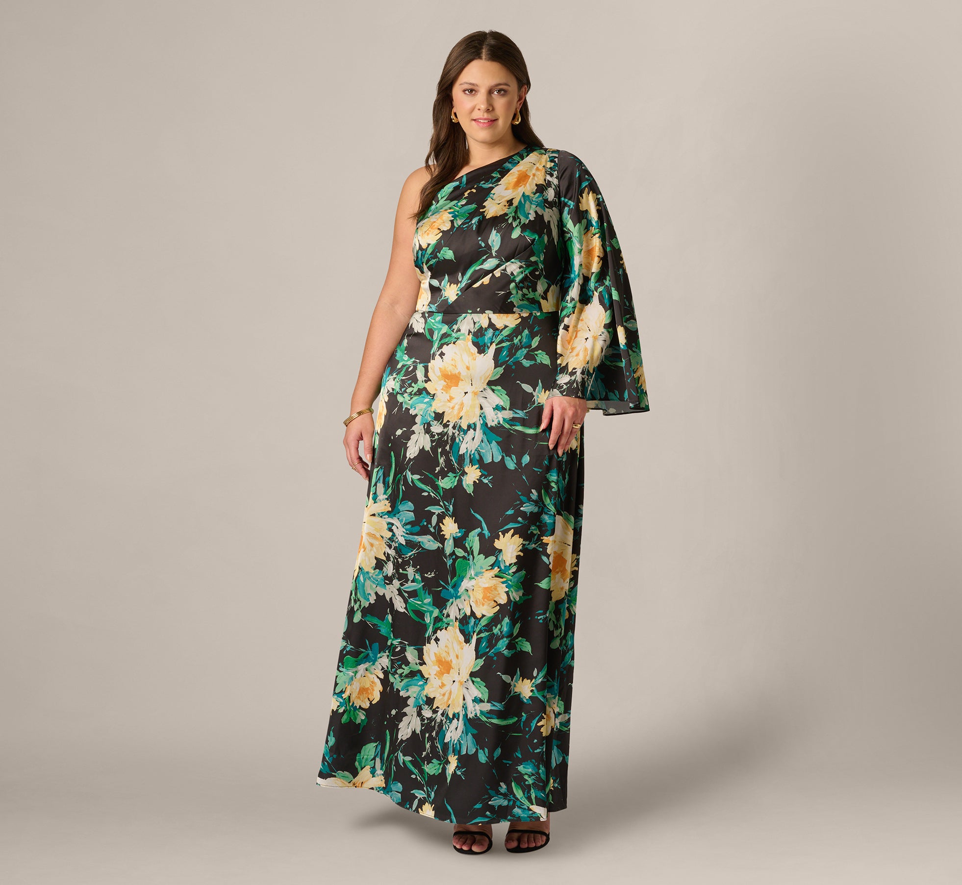 Plus Size One Shoulder Long Sleeve Floral Satin Gown In Black Multi, Black Multi / Plus Size / 18