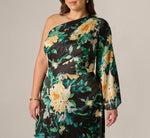 Plus Size One Shoulder Long Sleeve Floral Satin Gown In Black Multi 3