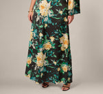 Plus Size One Shoulder Long Sleeve Floral Satin Gown In Black Multi 4