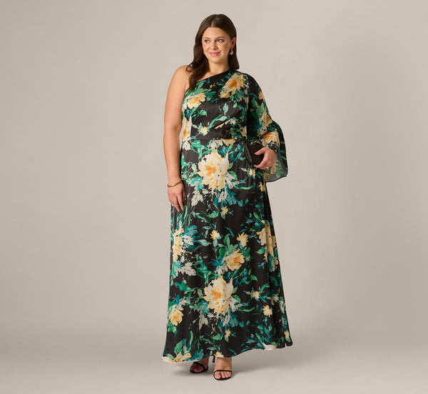 Black Plus Size One Shoulder Long Sleeve Floral Satin Gown