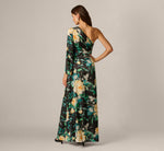 One Shoulder Long Sleeve Floral Satin Gown In Black Multi 6