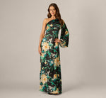One Shoulder Long Sleeve Floral Satin Gown In Black Multi 3
