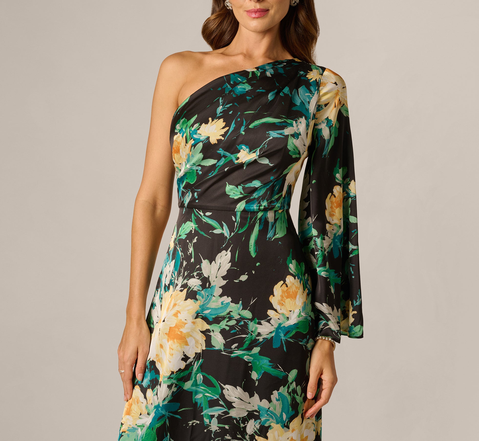 Black Multi One Shoulder Long Sleeve Floral Satin Gown - Adrianna Papell