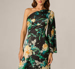 One Shoulder Long Sleeve Floral Satin Gown In Black Multi 4