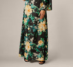 One Shoulder Long Sleeve Floral Satin Gown In Black Multi 5