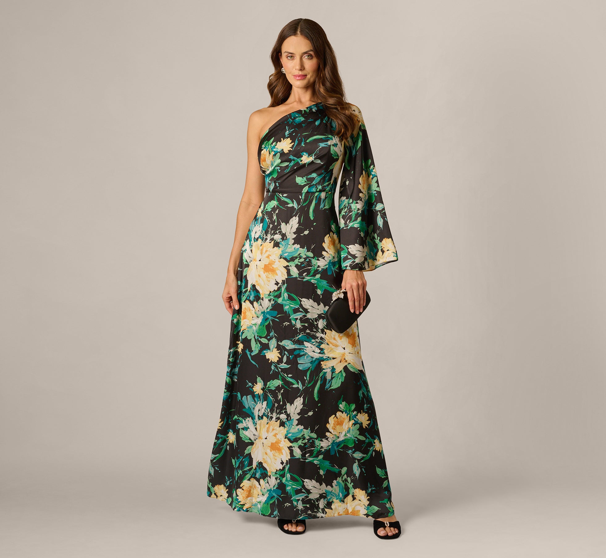 fitted lace wedding dress One Shoulder Long Sleeve Floral Satin Gown In Black Multi