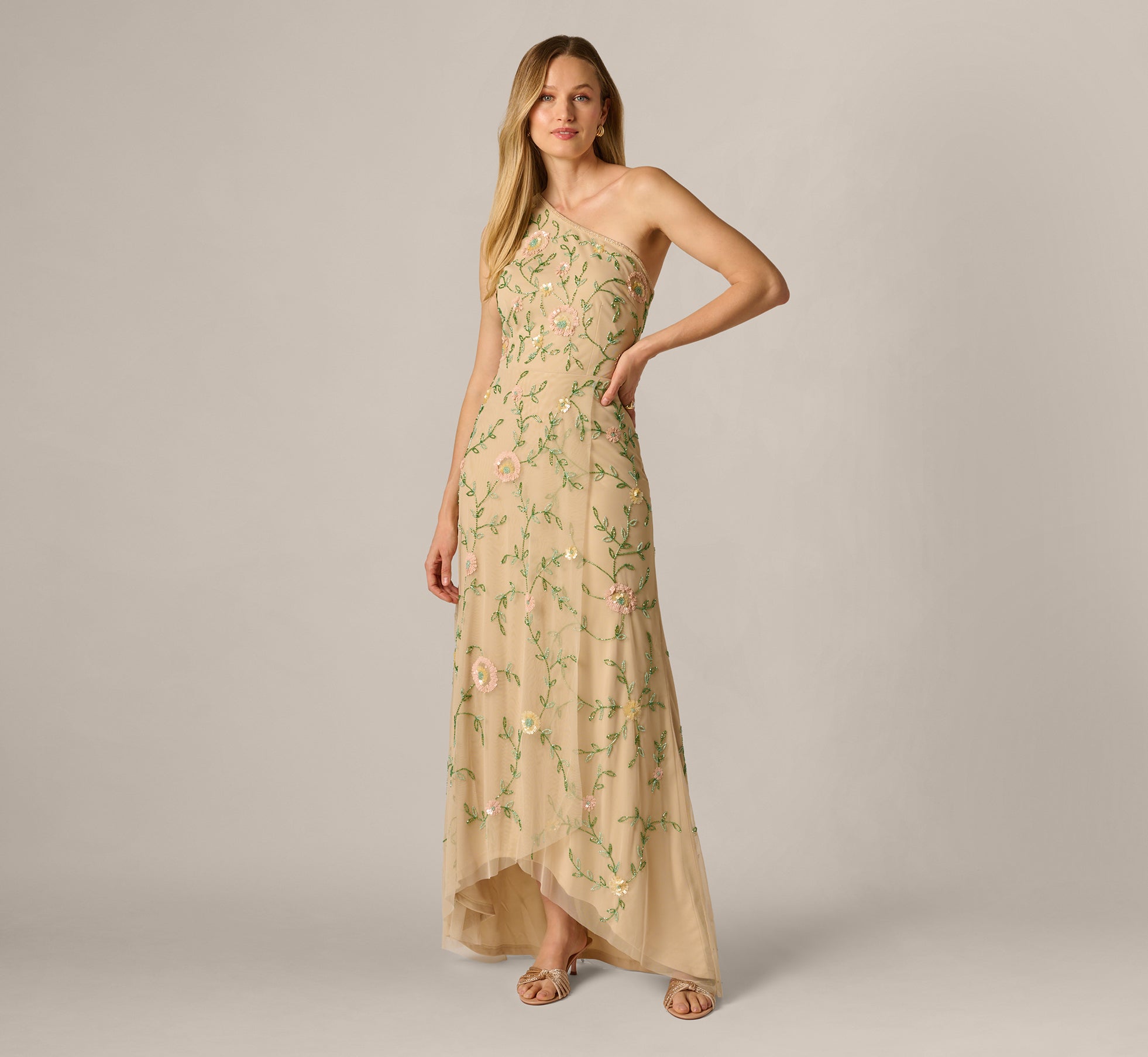 One Shoulder Floral Vine Beaded High Low Gown In Light Champagne One Shoulder Floral Vine Beaded High Low Gown In Light Champagne