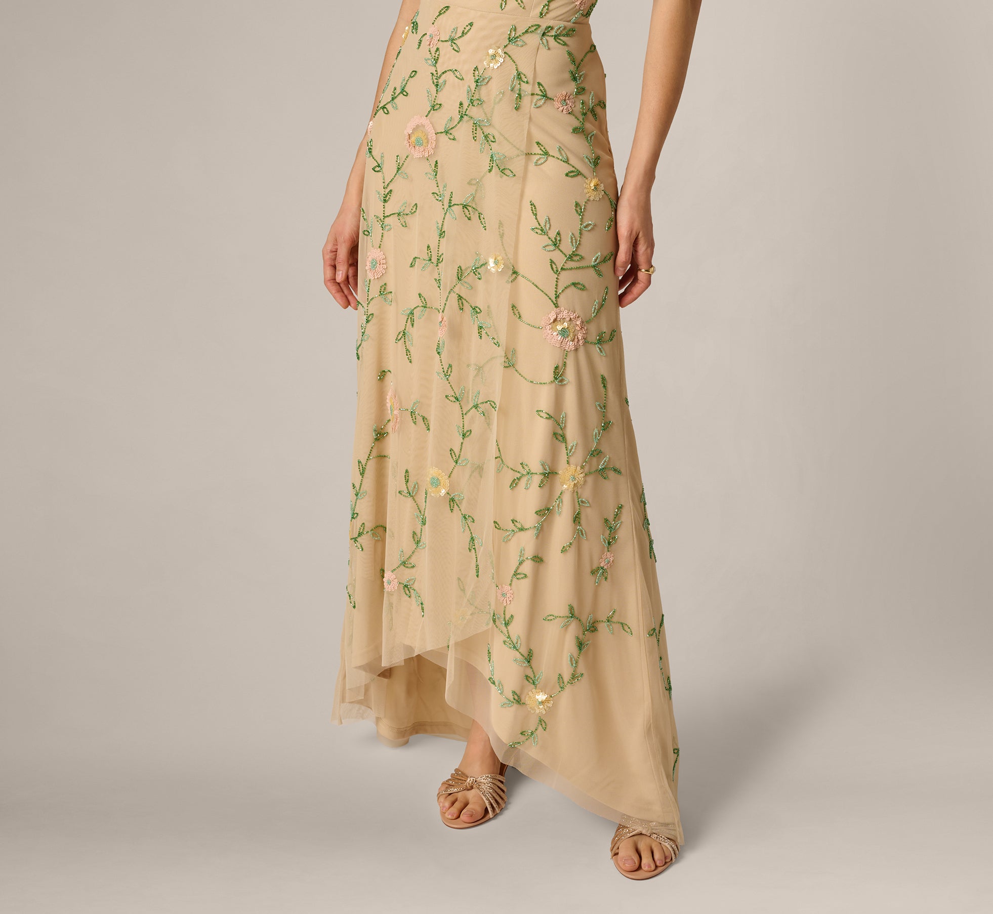 Light Champagne One Shoulder Floral Vine Beaded High Low Gown