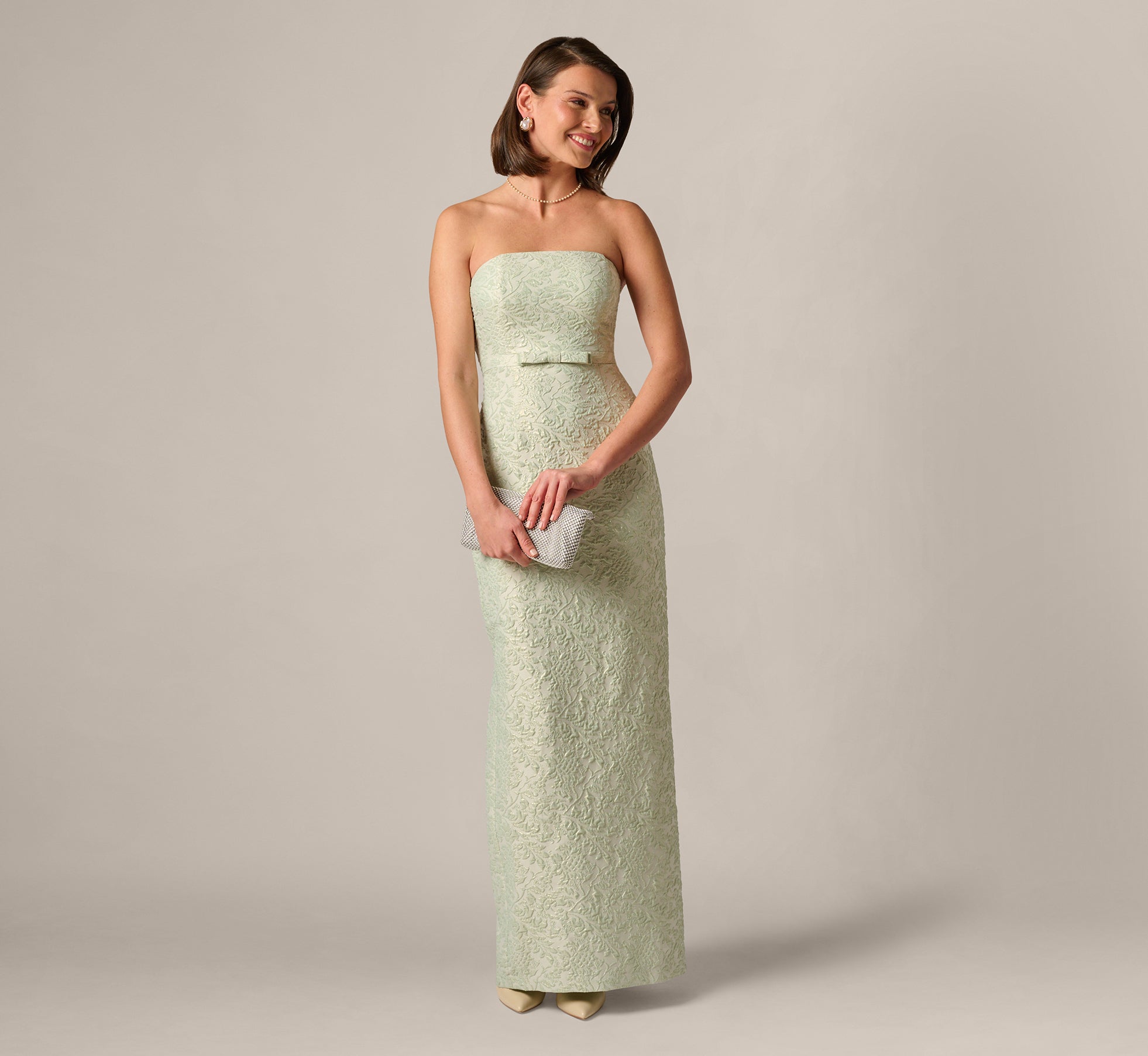 Light Green Strapless Metallic Jacquard Column Gown - Adrianna Papell Light Green Strapless Metallic Jacquard Column Gown - Adrianna Papell