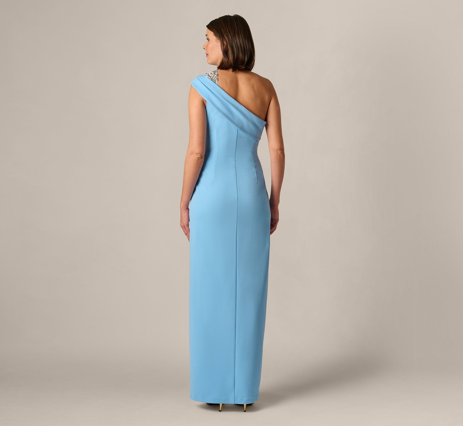 Blue Beaded One Shoulder Stretch Column Gown