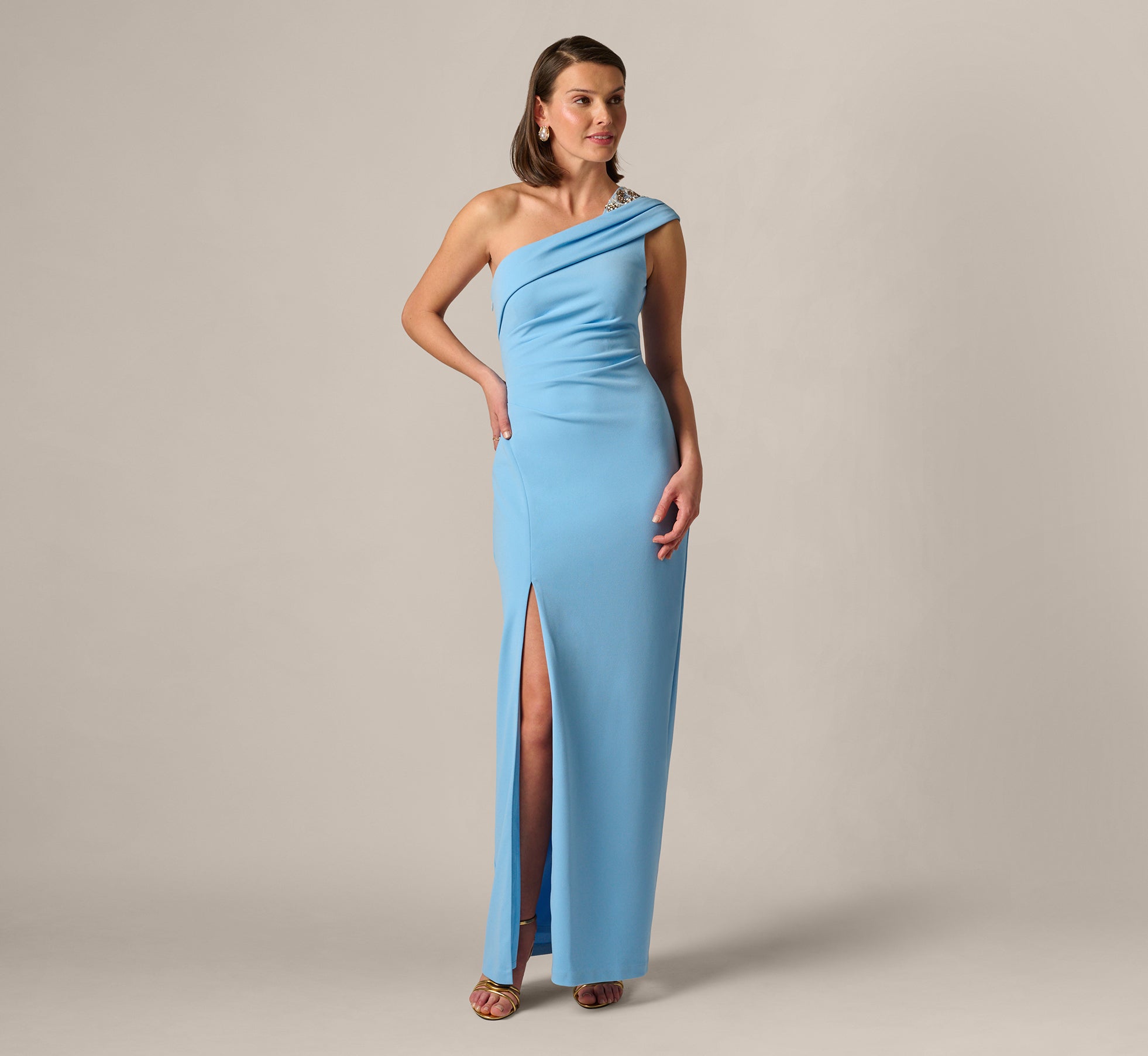 Blue Beaded One Shoulder Stretch Column Gown - Adrianna Papell