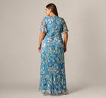Plus Size Flutter Sleeve Crinkle Foil Floral Gown In Blue Multi 5