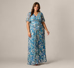 Plus Size Flutter Sleeve Crinkle Foil Floral Gown In Blue Multi 2