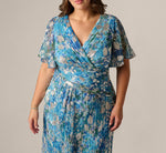 Plus Size Flutter Sleeve Crinkle Foil Floral Gown In Blue Multi 4