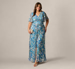Plus Size Flutter Sleeve Crinkle Foil Floral Gown In Blue Multi 1